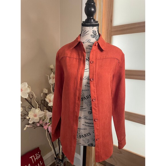 Studio Works Button Down Women Suede Shirt Autumn Orage Collared sz Petite M - Picture 2 of 8